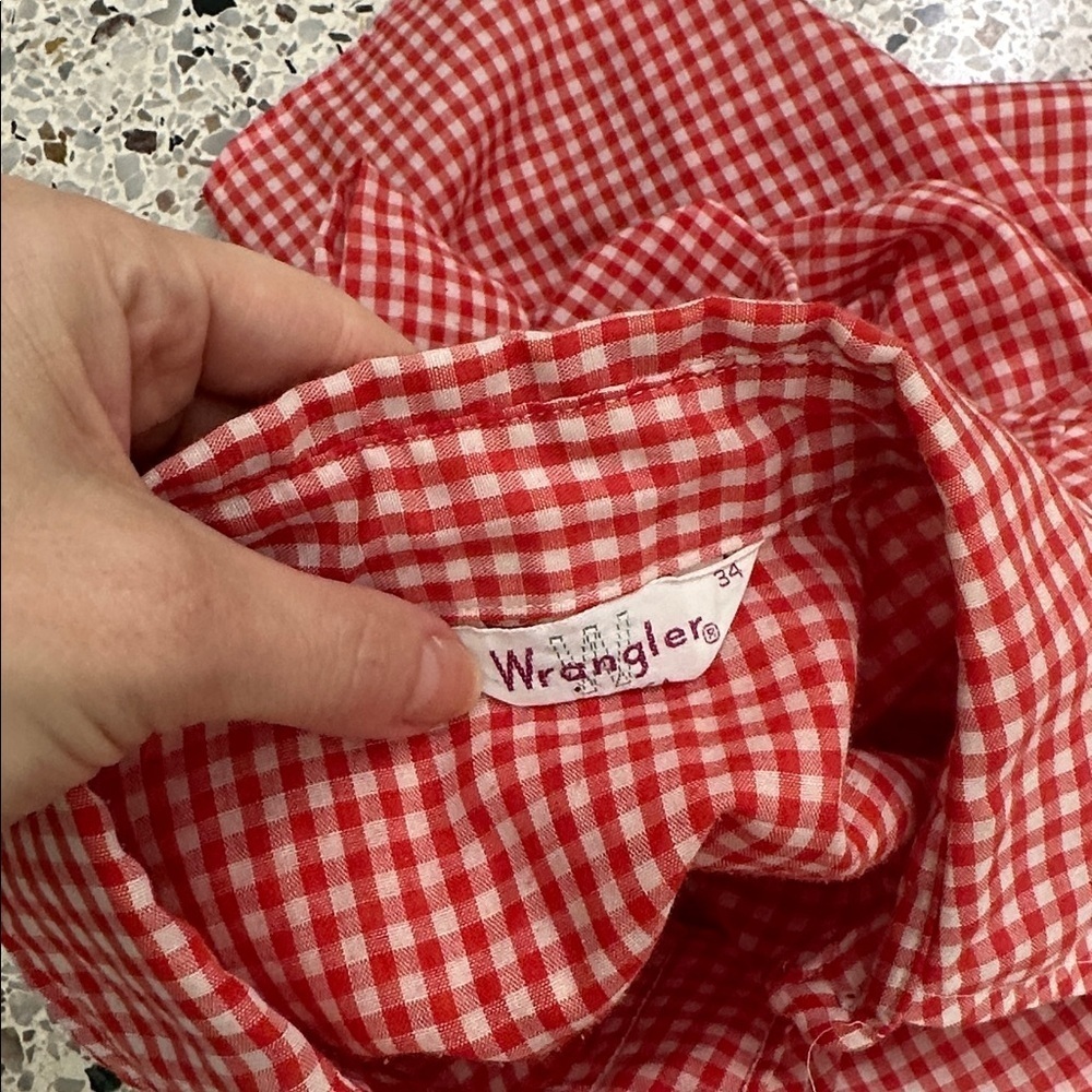 Vintage Wrangler red white plaid western button up down pearl button m gingham - Picture 5 of 10